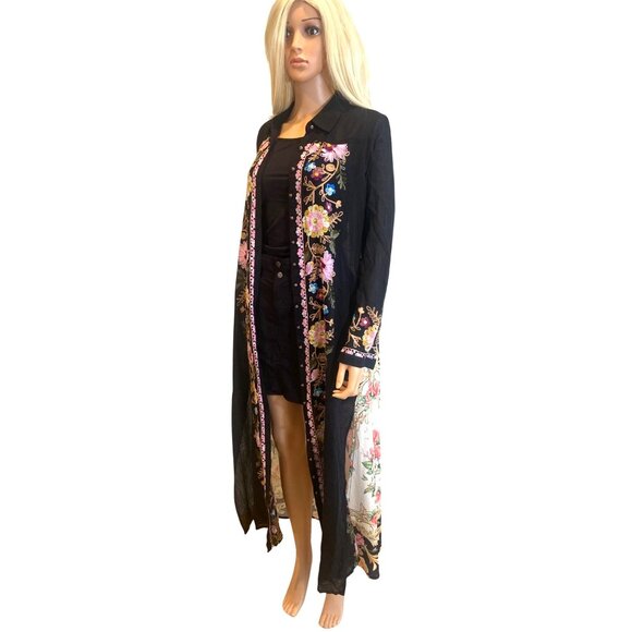 Aratta Floral Embroidered Black Maxi Long Sheer Kimono XS/S Duster Dress - Picture 13 of 17